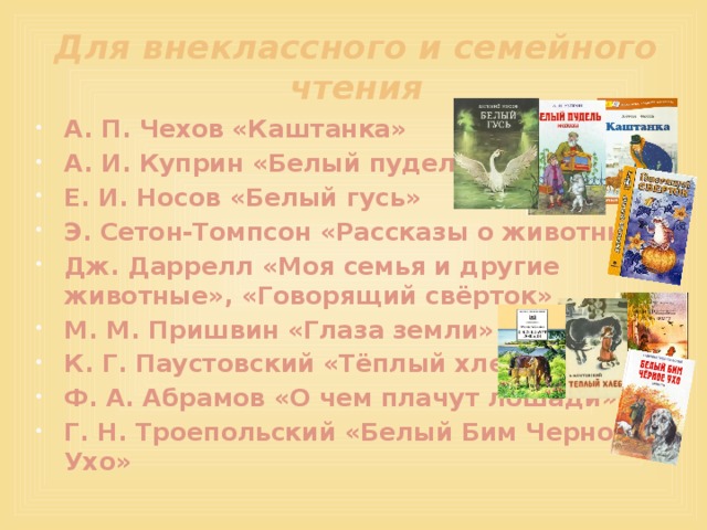 Для внеклассного и семейного чтения А. П. Чехов «Каштанка» А. И. Куприн «Белый пудель» Е. И. Носов «Белый гусь» Э. Сетон-Томпсон «Рассказы о животных» Дж. Даррелл «Моя семья и другие животные», «Говорящий свёрток» М. М. Пришвин «Глаза земли» К. Г. Паустовский «Тёплый хлеб» Ф. А. Абрамов «О чем плачут лошади» Г. Н. Троепольский «Белый Бим Черное Ухо» 