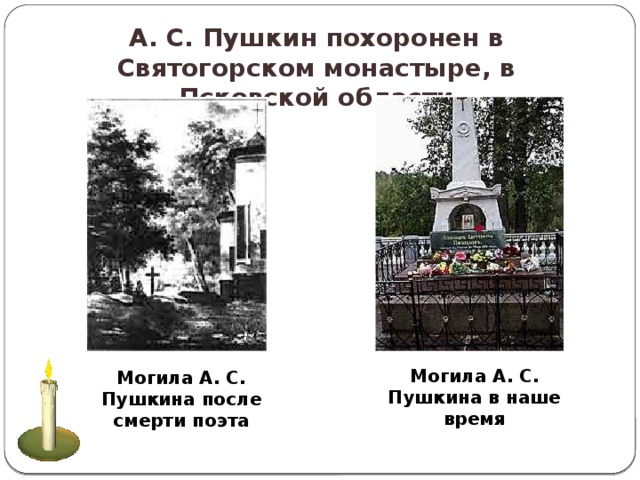 А. С. Пушкин похоронен в Святогорском монастыре, в Псковской области Могила А. С. Пушкина в наше время  Могила А. С. Пушкина после смерти поэта 