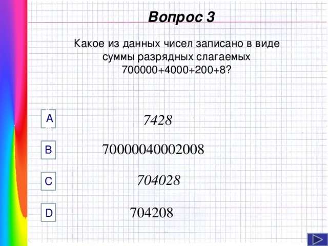  Вопрос 3 Какое из данных чисел записано в виде суммы разрядных слагаемых 700000+4000+200+8?  7428 А AФФ   70000040002008 B Навигация: клик ЛМ на прямоугольники.   704028 C  704208 D  