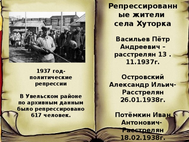 Репрессированные жители села Хуторка  Васильев Пётр Андреевич – расстрелян 13 .11.1937г.  Островский Александр Ильич- Расстрелян 26.01.1938г.  Потёмкин Иван Антонович- Расстрелян 18.02.1938г.  1937 год- политические репрессии  В Увельском районе по архивным данным было репрессировано 617 человек. 