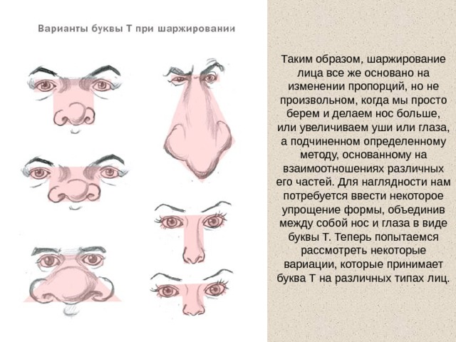 Таким образом, шаржирование лица все же основано на изменении пропорций, но не произвольном, когда мы просто берем и делаем нос больше, или увеличиваем уши или глаза, а подчиненном определенному методу, основанному на взаимоотношениях различных его частей. Для наглядности нам потребуется ввести некоторое упрощение формы, объединив между собой нос и глаза в виде буквы Т. Теперь попытаемся рассмотреть некоторые вариации, которые принимает буква Т на различных типах лиц. 
