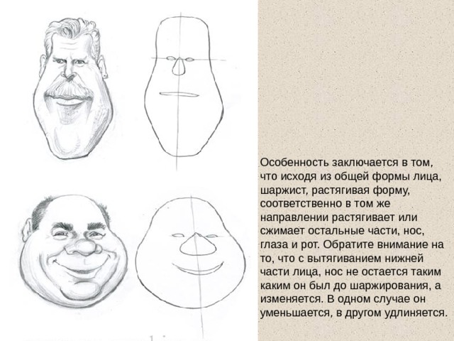 Особенность заключается в том, что исходя из общей формы лица, шаржист, растягивая форму, соответственно в том же направлении растягивает или сжимает остальные части, нос, глаза и рот. Обратите внимание на то, что с вытягиванием нижней части лица, нос не остается таким каким он был до шаржирования, а изменяется. В одном случае он уменьшается, в другом удлиняется. 