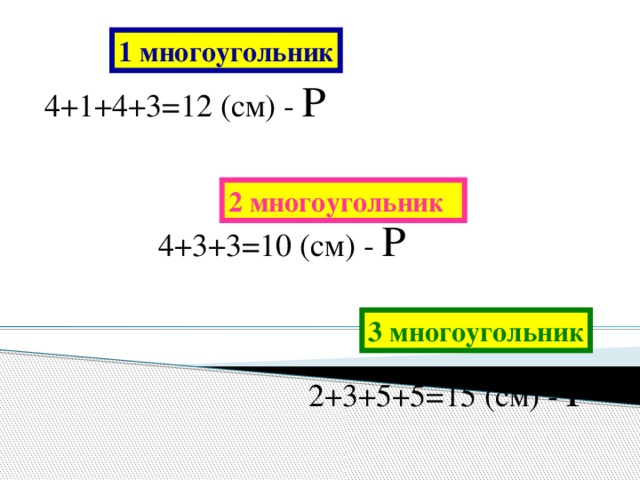 1 многоугольник 4+1+4+3=12 (см) - Р 2 многоугольник 4+3+3=10 (см) - Р 3 многоугольник 2+3+5+5=15 (см) - Р 
