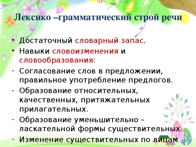  Лексико –грамматический строй речи   Достаточный словарный запас . Навыки словоизменения и словообразования : Согласование слов в предложении, правильное употребление предлогов. Образование относительных, качественных, притяжательных прилагательных. Образование уменьшительно – ласкательной формы существительных. Изменение существительных по лицам и числам. 