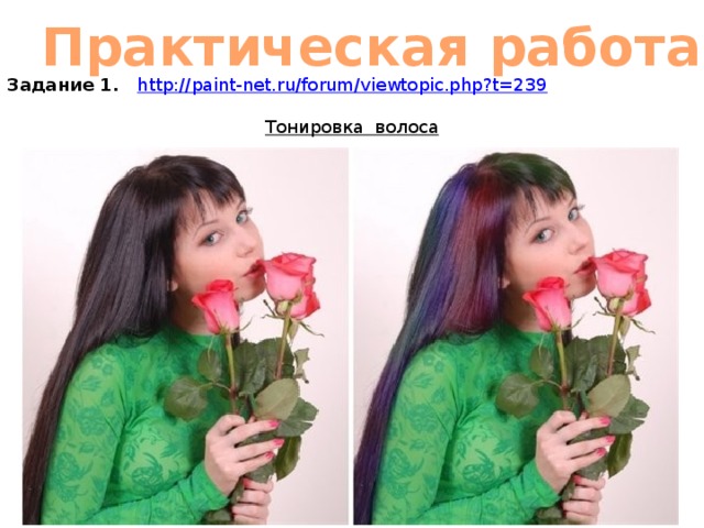 Практическая работа Задание 1. http:// paint-net.ru/forum/viewtopic.php?t=239  Тонировка волоса 
