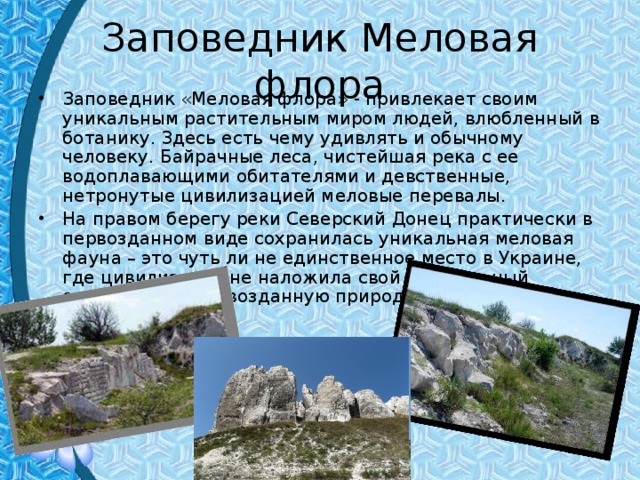 Заповедник Меловая флора Заповедник «Меловая флора» - привлекает своим уникальным растительным миром людей, влюбленный в ботанику. Здесь есть чему удивлять и обычному человеку. Байрачные леса, чистейшая река с ее водоплавающими обитателями и девственные, нетронутые цивилизацией меловые перевалы. На правом берегу реки Северский Донец практически в первозданном виде сохранилась уникальная меловая фауна – это чуть ли не единственное место в Украине, где цивилизация не наложила свой губительный отпечаток на первозданную природу края. 