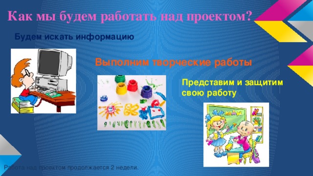 Как мы будем работать над проектом? Будем искать информацию  Выполним творческие работы Представим и защитим свою работу Работа над проектом продолжается 2 недели.