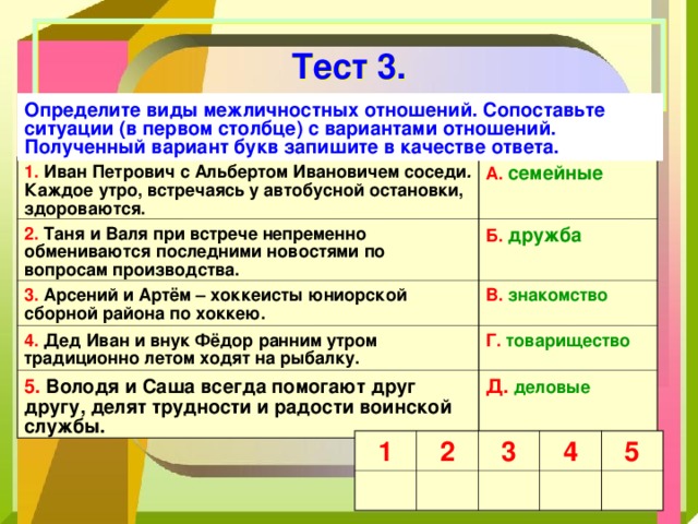 Тест 3. Определите виды межличностных отношений. Сопоставьте ситуации (в первом столбце) с вариантами отношений. Полученный вариант букв запишите в качестве ответа. 1. Иван Петрович с Альбертом Ивановичем соседи . Каждое утро, встречаясь у автобусной остановки, здороваются. А. семейные 2. Таня и Валя при встрече непременно обмениваются последними новостями по вопросам производства.  Б. дружба 3. Арсений и Артём – хоккеисты юниорской сборной района по хоккею.  В. знакомство 4. Дед Иван и внук Фёдор ранним утром традиционно летом ходят на рыбалку. Г. товарищество  5.  Володя и Саша всегда помогают друг другу, делят трудности и радости воинской службы.  Д. деловые  1 2 3 4 5 