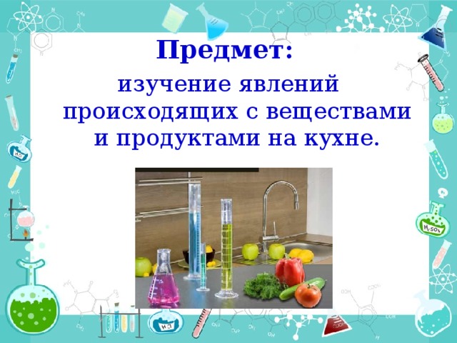 Предмет:  изучение явлений происходящих с веществами и продуктами на кухне.