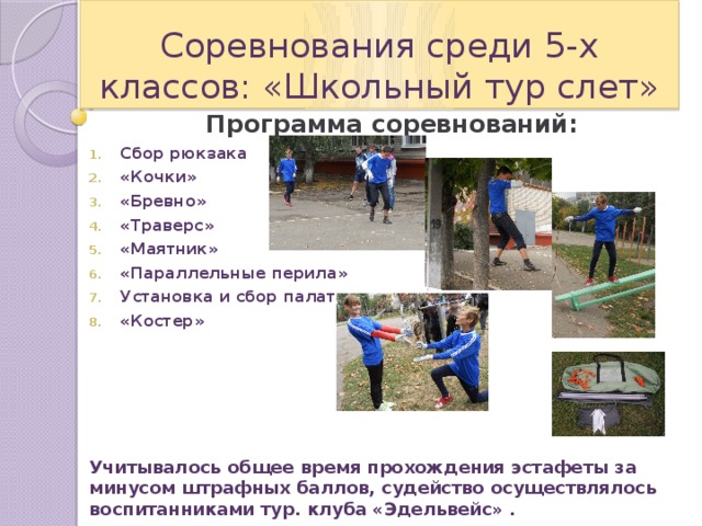Соревнования среди 5-х классов: «Школьный тур слет» Программа соревнований: Сбор рюкзака «Кочки» «Бревно» «Траверс» «Маятник» «Параллельные перила» Установка и сбор палатки «Костер» Учитывалось общее время прохождения эстафеты за минусом штрафных баллов, судейство осуществлялось воспитанниками тур. клуба «Эдельвейс» . 
