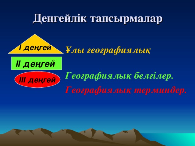 Деңгейлік тапсырмалар І деңгей  Ұлы географиялық есімдер.  Географиялық белгілер.  Географиялық терминдер.  ІІ деңгей . ІІІ деңгей 