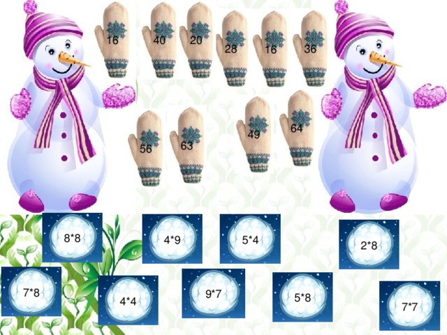 16 40 20 28 36 16 64 49 63 5 6 8*8 5*4 4*9 2*8 7*8 9*7 5*8 4*4 7*7 