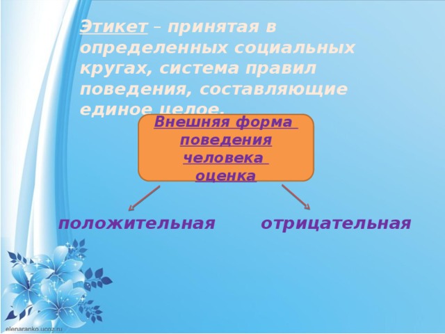 Этикет  –  принятая в определенных социальных кругах, система правил поведения, составляющие единое целое. Внешняя форма поведения человека оценка положительная отрицательная 