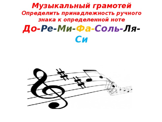 Музыкальный грамотей Определить принадлежность ручного знака к определенной ноте До- Ре- Ми- Фа- Соль- Ля- Си 