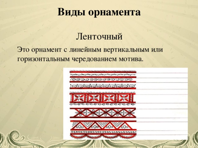 Виды орнамента   Ленточный   Это орнамент с линейным вертикальным или горизонтальным чередованием мотива. Учитель начальных классов Аристова Анжелика Андреевна  