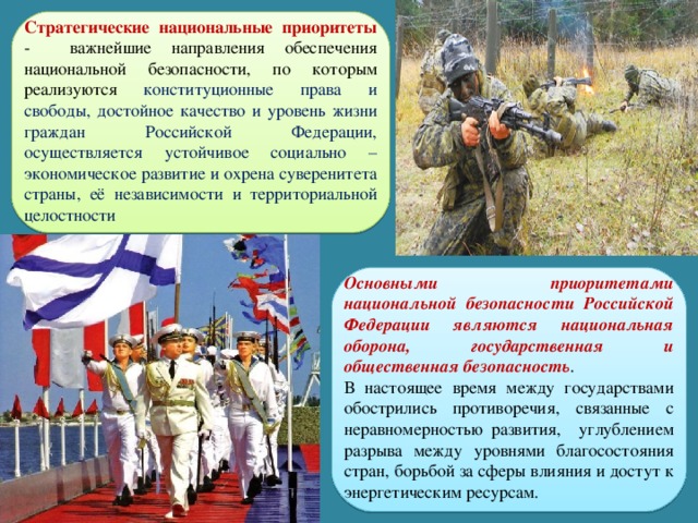 Стратегические национальные приоритеты - важнейшие направления обеспечения национальной безопасности, по которым реализуются конституционные права и свободы, достойное качество и уровень жизни граждан Российской Федерации, осуществляется устойчивое социально – экономическое развитие и охрена суверенитета страны, её независимости и территориальной целостности Основными приоритетами национальной безопасности Российской Федерации являются национальная оборона, государственная и общественная безопасность . В настоящее время между государствами обострились противоречия, связанные с неравномерностью развития, углублением разрыва между уровнями благосостояния стран, борьбой за сферы влияния и достут к энергетическим ресурсам. 