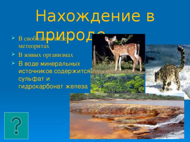 Нахождение в природе В свободном виде в метеоритах В живых организмах В воде минеральных источников содержится сульфат и гидрокарбонат железа 