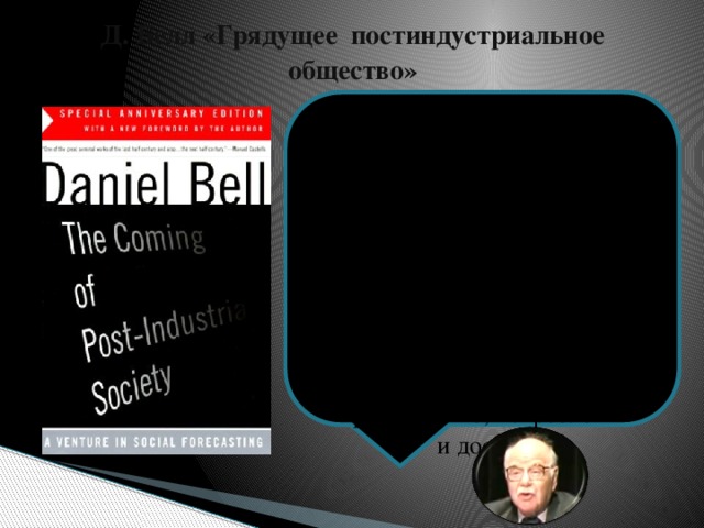 Д. Белл «Грядущее постиндустриальное общество» Концепция общества конца XX столетия, выдвигающая на первый план снижение его зависимости от промышленного производства, возникновение новых отраслей сферы услуг и акцент на роли знания в производстве, потреблении и досуге.   