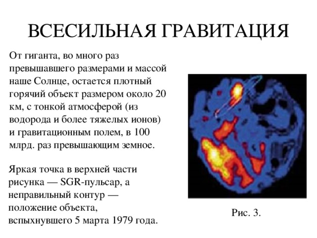 ВСЕСИЛЬНАЯ ГРАВИТАЦИЯ От гиганта, во много раз превышавшего размерами и массой наше Солнце, остается плотный горячий объект размером около 20 км, с тонкой атмосферой (из водорода и более тяжелых ионов) и гравитационным полем, в 100 млрд. раз превышающим земное. Яркая точка в верхней части рисунка — SGR-пульсар, а неправильный контур — положение объекта, вспыхнувшего 5 марта 1979 года.  Рис. 3. 