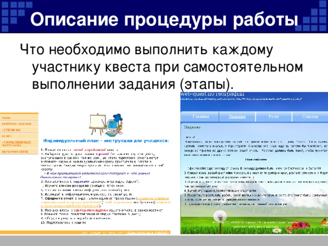 Описание процедуры работы Что необходимо выполнить каждому участнику квеста при самостоятельном выполнении задания (этапы).