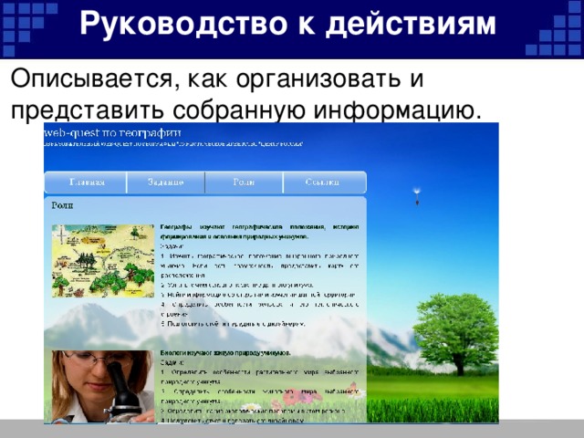 Руководство к действиям Описывается, как организовать и представить собранную информацию.