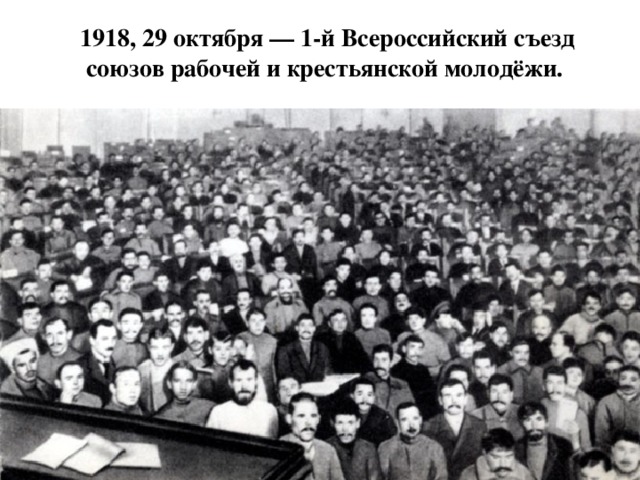 1918, 29 октября — 1-й Всероссийский съезд союзов рабочей и крестьянской молодёжи.