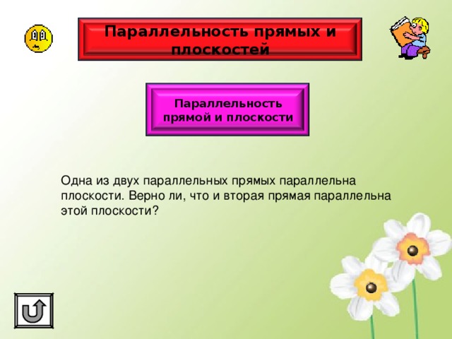 Параллельность прямых и плоскостей Параллельность прямой и плоскости Одна из двух параллельных прямых параллельна плоскости. Верно ли, что и вторая прямая параллельна этой плоскости? 