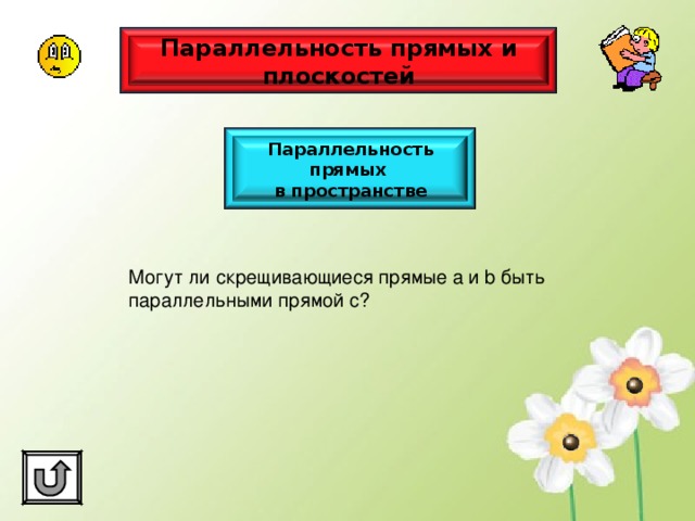 Параллельность прямых и плоскостей Параллельность прямых в пространстве Могут ли скрещивающиеся прямые a и b быть параллельными прямой с? 