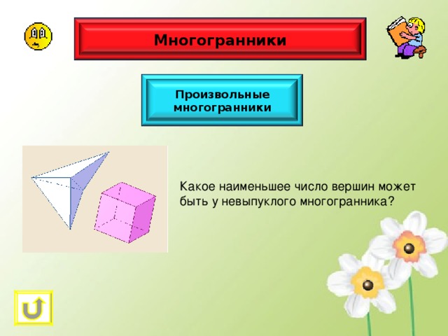 Многогранники Произвольные многогранники Какое наименьшее число вершин может быть у невыпуклого многогранника? 