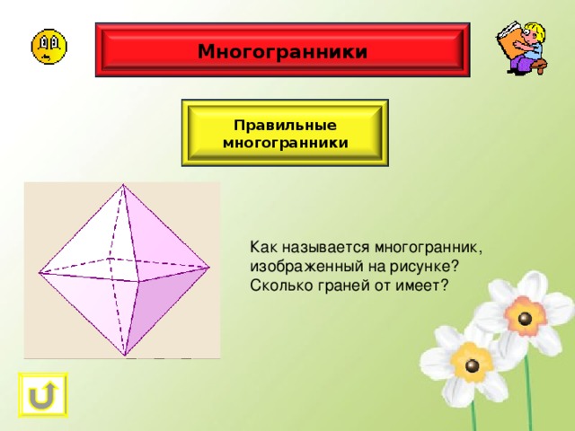 Многогранники Правильные многогранники Как называется многогранник, изображенный на рисунке? Сколько граней от имеет? 