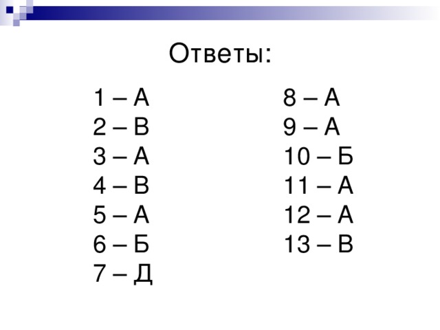 Ответы:    1 – А 2 – В 3 – А 4 – В 5 – А 6 – Б 7 – Д 8 – А 9 – А 10 – Б 11 – А 12 – А 13 – В 