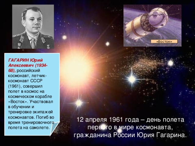 «Восток» ГАГАРИН Юрий Алексеевич (1934-68), российский космонавт, летчик-космонавт СССР (1961), совершил полет в космос на космическом корабле «Восток». Участвовал в обучении и тренировке экипажей космонавтов. Погиб во время тренировочного полета на самолете. 12 апреля 1961 года – день полета первого в мире космонавта, гражданина России Юрия Гагарина. 