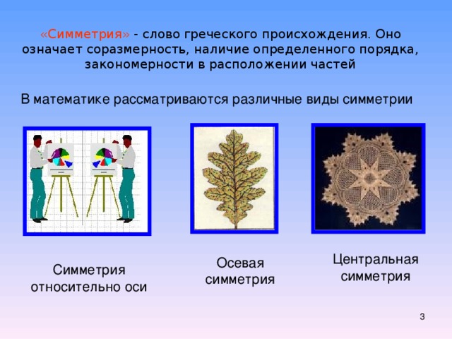 «Симметрия» - слово греческого происхождения. Оно означает соразмерность, наличие определенного порядка, закономерности в расположении частей В математике рассматриваются различные виды симметрии Центральная симметрия Осевая симметрия Симметрия относительно оси  