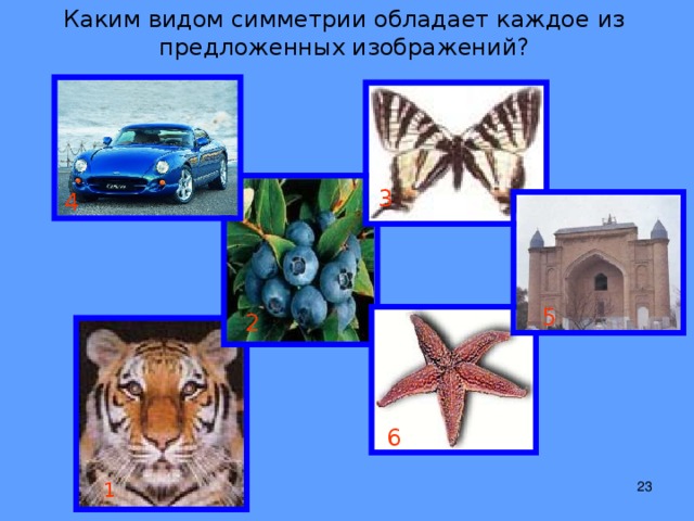 Каким видом симметрии обладает каждое из предложенных изображений? 3 4 5 2 6 1  