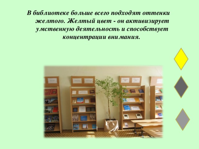В библиотеке больше всего подходят оттенки желтого. Желтый цвет - он активизирует умственную деятельность и способствует концентрации внимания.  