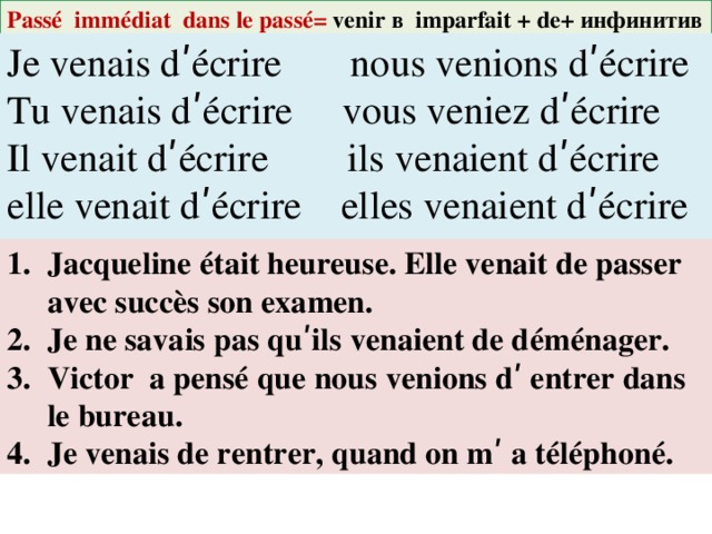 Passé immédiat dans le pass é = venir в imparfait + de+ инфинитив Je venais dʹécrire nous venions dʹécrire Tu venais dʹécrire vous veniez dʹécrire Il venait dʹécrire ils venaient dʹécrire elle venait dʹécrire elles venaient dʹécrire Jacqueline était heureuse. Elle venait de passer avec succès son examen. Je ne savais pas quʹils venaient de déménager. Victor a pensé que nous venions dʹ entrer dans le bureau. Je venais de rentrer, quand on m ʹ a téléphoné. 