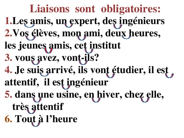 Liaisons sont obligatoires: 1. Les amis, un expert, des ingénieurs 2. Vos élèves, mon ami, deux heures, les jeunes amis, cet institut 3. vous avez, vont-ils? 4. Je suis arrivé, ils vont étudier, il est attentif, il est ingénieur 5. dans une usine, en hiver, chez elle,  très attentif 6. Tout à l’heure 