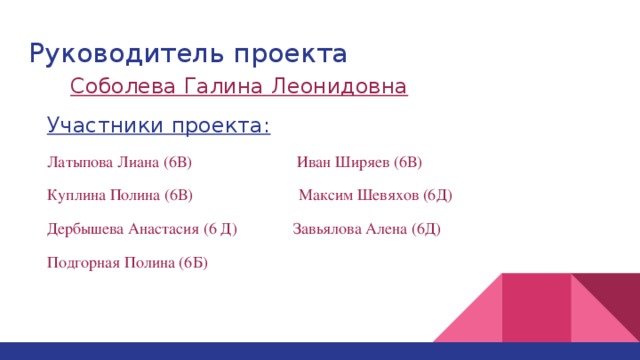 Руководитель проекта   Соболева Галина Леонидовна  Участники проекта: Латыпова Лиана (6В) Иван Ширяев (6В) Куплина Полина (6В) Максим Шевяхов (6Д) Дербышева Анастасия (6 Д) Завьялова Алена (6Д) Подгорная Полина (6Б) 