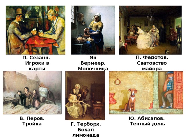 П. Федотов. Сватовство майора Ян Вермеер. П. Сезанн. Молочница Игроки в карты Ю. Абисалов. В. Перов. Теплый день Тройка Г. Терборх. Бокал лимонада 