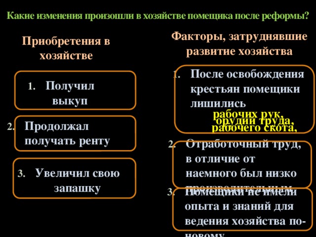 Какие изменения произошли в хозяйстве помещика после реформы? Факторы, затруднявшие развитие хозяйства Приобретения в хозяйстве После освобождения крестьян помещики лишились Получил выкуп рабочих рук, орудий труда, Продолжал получать ренту рабочего скота, Отработочный труд, в отличие от наемного был низко производительным Увеличил свою запашку Помещики не имели опыта и знаний для ведения хозяйства по-новому.  