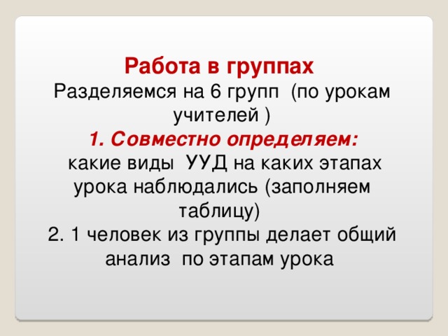 Работа в группах Разделяемся на 6 групп (по урокам учителей ) 1. Совместно определяем:  какие виды УУД на каких этапах урока наблюдались (заполняем таблицу) 2. 1 человек из группы делает общий анализ по этапам урока 