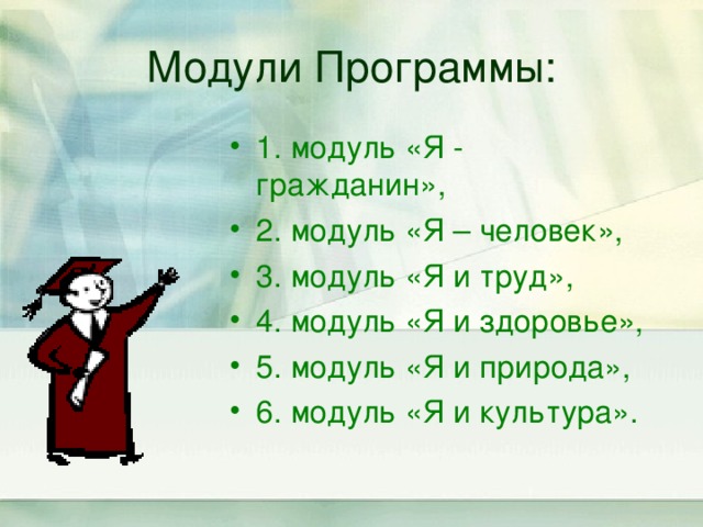 Модули Программы: 1. модуль «Я - гражданин», 2. модуль «Я – человек», 3. модуль «Я и труд», 4. модуль «Я и здоровье», 5. модуль «Я и природа», 6. модуль «Я и культура». 
