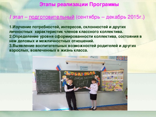 Этапы реализации Программы I этап – подготовительный (сентябрь – декабрь 2015г.)  1.Изучение потребностей, интересов, склонностей и других личностных характеристик членов классного коллектива. 2.Определение уровня сформированности коллектива, состояния в нем деловых и межличностных отношений. 3.Выявление воспитательных возможностей родителей и других взрослых, вовлеченных в жизнь класса.  