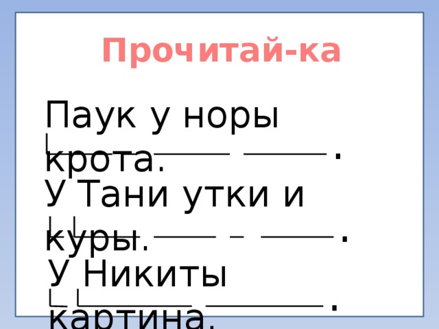 Прочитай-ка Паук у норы крота. . У Тани утки и куры. . У Никиты картина. . 