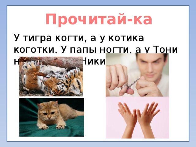 Прочитай-ка У тигра когти, а у котика коготки. У папы ногти, а у Тони ноготки. А у Никиты? 