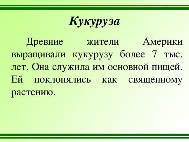 Кукуруза Древние жители Америки выращивали кукурузу более 7 тыс. лет. Она служила им основной пищей. Ей поклонялись как священному растению. 