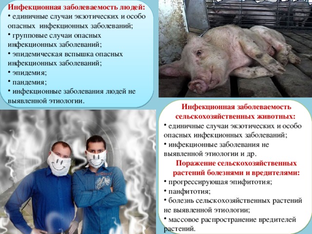 Инфекционная заболеваемость людей:  единичные случаи экзотических и особо опасных инфекционных заболеваний;  групповые случаи опасных инфекционных заболеваний;  эпидемическая вспышка опасных инфекционных заболеваний;  эпидемия;  пандемия;  инфекционные заболевания людей не выявленной этиологии. Инфекционная заболеваемость сельскохозяйственных животных:  единичные случаи экзотических и особо опасных инфекционных заболеваний;  инфекционные заболевания не выявленной этиологии и др. Поражение сельскохозяйственных растений болезнями и вредителями:  прогрессирующая эпифитотия;  панфитотия;  болезнь сельскохозяйственных растений не выявленной этиологии;  массовое распространение вредителей растений. 