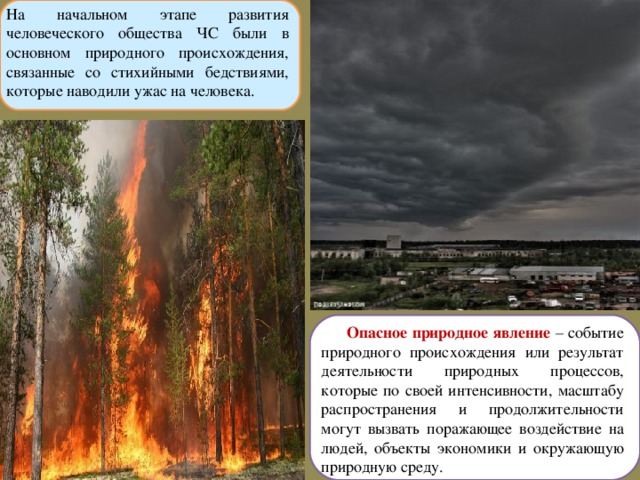 На начальном этапе развития человеческого общества ЧС были в основном природного происхождения, связанные со стихийными бедствиями, которые наводили ужас на человека. Опасное природное явление  – событие природного происхождения или результат деятельности природных процессов, которые по своей интенсивности, масштабу распространения и продолжительности могут вызвать поражающее воздействие на людей, объекты экономики и окружающую природную среду.  