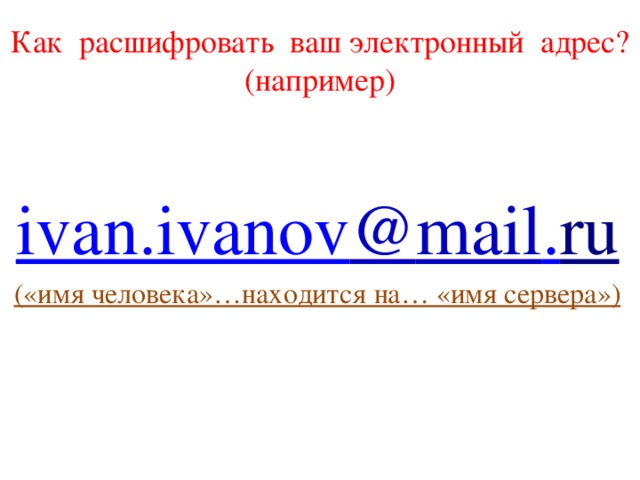 Как расшифровать ваш электронный адрес?  (например) ivan.ivanov @ mail . ru («имя человека»…находится на… «имя сервера») 