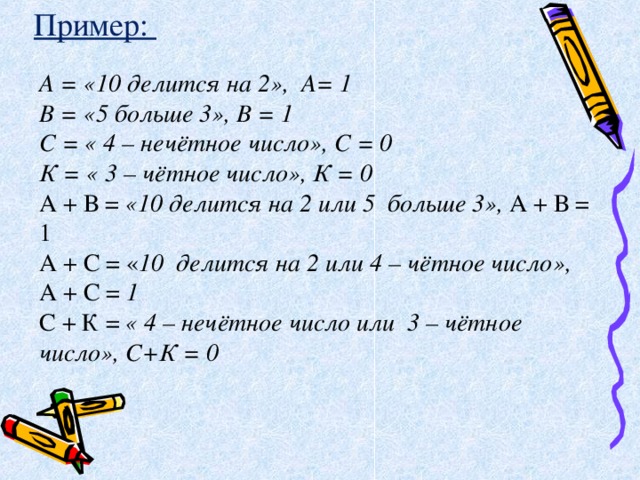 Пример: А = «10 делится на 2», А= 1 В = «5 больше 3», В = 1 С = « 4 – нечётное число», С = 0 К = « 3 – чётное число», К = 0 А +  В = «10 делится на 2 или 5 больше 3», А +  В = 1 А +  С = « 10 делится на 2 или 4 – чётное число», А +  С = 1 С + К = « 4 – нечётное число или 3 – чётное число», С+К = 0   